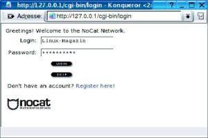 Abbildung 2: Dieser Screen begrüßt jeden Besucher. Der User loggt sich ein und darf dann über das No-Cat-Gateway online gehen. Der Admin kann die HTML-Quelltexte seinen Wünschen anpassen.