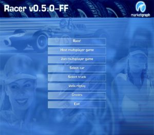 Abbildung 2: Der Startbildschirm von Racer. Der Spieler hat die Wahl zwischen verschiedenen Spielmodi wie Zeitfahren und Netzwerkspiel. Außerdem gibt's eine große Auswahl an Autos und Strecken.
