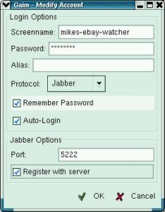 Abbildung 2: Gaim beherrscht die gängigen IM-Protokolle, darunter Jabber. Hier wird der Benutzer »mikes-ebay-watcher« angelegt. Gaim loggt sich dann automatisch beim Server ein.
