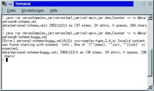 Abbildung 2: Mit dem bei Xerces als Beispiel mitgelieferten »dom.Counter« lassen sich beliebige XML-Dateien schnell und einfach validieren.