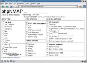 Abbildung 2: Für Nmap existiert sogar eine Weboberfläche. Ihr Komfort beschränkt sich allerdings darauf, die gezeigten Optionen per Maus zu setzen und das Tool dann mit »sudo« vom PHP-Skript aus aufzurufen. Die dazu nötigen Rechte öffnen aber eine potenzielle Sicherheitslücke.