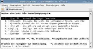 Abbildung 2: Das Kommando »dselect« startet eine menügestützte Textoberfläche für das An- beziehungsweise Abwählen zu installierender Pakete.