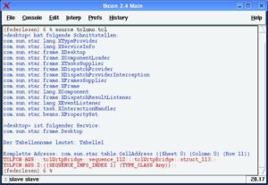 Abbildung 2a: Das Tcluno-Beispiel aus Listing 2 beginnt mit der Ausgabe aller Schnittstellen des Desktop-Objekts von Open Office. Über diesen Service öffnet das Tcl-Programm die Tabellenkalkulation.