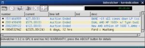 Abbildung 3: Der Ebay-Assistent Bidwatcher zeigt im Hauptfenster die laufenden Auktionen mit einer Beschreibung des Artikels, dem aktuellen Höchstgebot und der verbleibenden Zeit bis zum Auktionsende.
