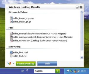 Abbildung 3: Die Windows Desktopsuche nutzt ein spezielles GUI für die Desktop-Integration. Über die Toolbar geben Anwender ihre Suchbefehle ein, ohne ein externes Programm starten zu müssen.