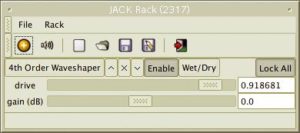 Abbildung 3: Das Beispiel-Plugin im »jack-rack«, das den Sound-Daemon Jack und LADSPA-Plugins verbindet; unten die Parameter »drive« und »gain (dB)«.