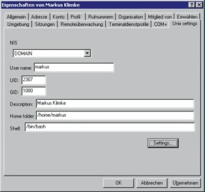 Abbildung 3: Das Tab »Unix settings« fehlt bei einer Standardinstallation von Windows 2003 noch, das PADL-Plugin »AD4Unix« ergänzt es. Hier tippt der Admin die Einträge ein, die Nss_ldap für seine Linux-Benutzer braucht.