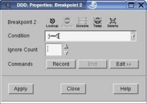 Abbildung 3: Ein Haltepunkt kann im DDD an Bedingungen geknüpft sein. Hier stoppt der Debugger nur, wenn die Variable »j« den Wert »5« hat.