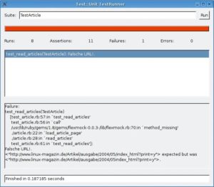 Abbildung 3: Der GTK-2-Testrunner zeigt einen Fehler an und gibt detaillierte Informationen aus: Das getestete Programm hat eine ungültige URL verwendet.