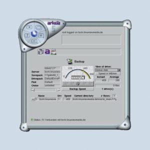 Abbildung 3: Arkeia Network Backup beim Sichern der Testdatenbank. Ein Tacho informiert über die aktuelle Transferrate.