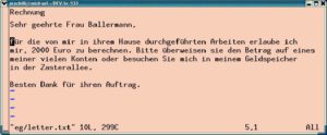 Abbildung 3: Die Textversion des Briefs im Editor Vi. Der erste Absatz gibt den Betreff an, der Rest den Brieftext.