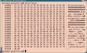 Abbildung 3: Ist es erforderlich, binäre Daten anzeigen zu lassen, hilft das Perl-Modul »Data::Hexdumper«. Hier zeigt das Skript »hd.pl« mit Hilfe des Moduls seinen eigenen Quellcode an.