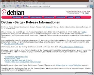 Abbildung 3: Informationsseite über die nächste Debian-Version Sarge. Den Release-Termin mussten die Entwickler wegen immer neuer Unstimmigkeiten innerhalb des Projekts bereits mehrmals verschieben.