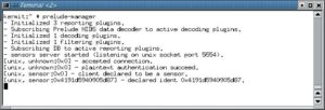 Abbildung 3: Beim Starten lädt der Prelude-Manager seine Plugins, verbindet sich mit der Datenbank (alle Zeilen, die mit »-« beginnen) und nimmt dann Verbindungen seiner Sensoren entgegen (diese Zeilen beginnen mit »[«).