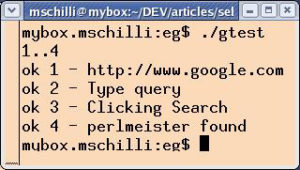 Abbildung 3: »gtest« startet einen Firefox-Browser, den das Skript fernsteuert und auf Google lenkt. Die Suchergebnisse analysiert es automatisch.