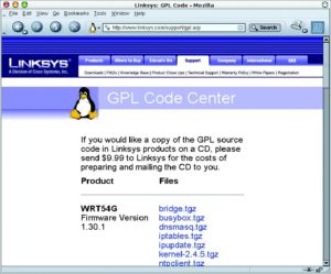 Abbildung 3: Die Firma Linksys ist einer der wenigen Hardwarehersteller, die ihre modifizierte Linux-Firmware im Sourcecode verfügbar machen. Erfahrene Linuxer bauen sich so ihr eigenes Linux-System für den WLAN-Router WRT54G.