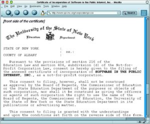 Abbildung 3: Gründungsurkunde der Not-for-Profit-Organisation "Software in the Public Interest" (SPI). Sie ist eine der großen Organisationen, die freie Software aktiv unterstützen. Seit 1999 ist SPI in den USA als gemeinnützig anerkannt und somit von Steuern auf ihre Einnahmen befreit.