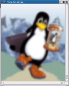 Abbildung 2 und 3: Pinguin auf dem Weg zum Oktoberfest, angezeigt mit JMagick. Pinguin auf dem Weg vom Oktoberfest (rechts), der verschwommene Eindruck kommt nicht vom Bier, sondern vom Filter in Listing 3. 