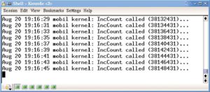 Abbildung 3: Das Timer-Modul schreibt alle zwei Sekunden eine Ausgabe in den Syslog. Am Wert in Klammern ist erkennbar, dass im Kernel jeweils 2000 Timer-Ticks verstrichen sind.
