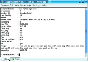 Abbildung 3: Der Befehl »cat /proc/cpuinfo« zeigt, welche Eigenschaften des Prozessors vom Kernel unterstützt werden: Laut Flags-Zeile kennt dieses Linux MMX, SSE und SSE2 (Kernel 2.4.20).