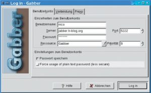 Abbildung 3: Gabber bietet bereits im Login-Fenster eine Menge Einstellungen. Die Jabber-Kennung ist übersichtlich aufgeschlüsselt (Name, Server, Ressource ...).