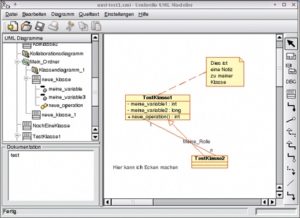 Abbildung 3: Das Umbrello-Fenster ist in mehrere Bereiche eingeteilt: links die Baumansicht, in der Mitte das jeweils aktive UML-Diagramm und rechts die Symbolleiste.