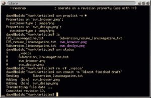 Abbildung 3: Diese Session demonstriert typische Subversion-Befehle wie »status«, »proplist« und »commit«.