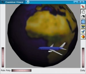 Abbildung 3: Ein Flugzeug fliegt in 3D über die Erde, die sich dabei unter ihm dreht. Mit Coin ist es leicht, diese Animation zu programmieren.