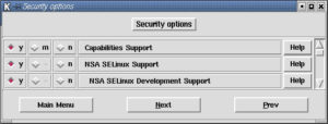 Abbildung 3: Beim Konfigurieren mit »make xconfig« müssen innerhalb der Security-Optionen einige Module noch in den Kernel eingebunden werden: »Capabilities Support« und »NSA SELinux Support« sind Pflicht, der Development-Support ist praktisch.