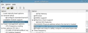 Abbildung 3: Der Kernel muss das Kexec-Feature unterstützen. Die Einstellung findet sich in der Kernelkonfiguration unter »Processor type and features«. Die Ladeadresse des Kernels liegt bei 0x100000.