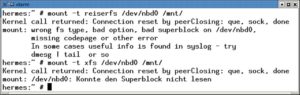 Abbildung 3: Der Versuch, Reiser-FS auf einem nur lesbaren Blockdevice zu mounten, schlägt fehl. Das Dateisystem will unbedingt einen entsprechenden Eintrag in sein Journal einfügen. Gemeinsam genutzte Netzwerk-Blockdevices dürfen aber nicht beschreibbar sein.