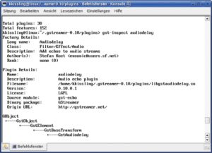 Abbildung 3: Der Aufruf von »gst-inspect audiodelay« verrät die Spezifikationen des neuen Gstreamer-Plugin, gibt man »gst-inspect« ein, zeigt Gstreamer alle verfügbaren Plugins an.