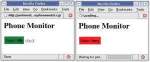 Abbildung 3: Links: Das CGI-Skript läuft im Idle-Modus, der Lauscher wartet auf Aktivität. Rechts: Der Lauscher hat bestätigt, dass die Telefonleitung belegt ist, und zeigt »busy« an. Wird der Hörer aufgelegt, springt der Status wieder auf »idle«.