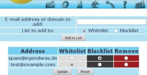 Abbildung 3: Im Maia-Webfrontend verwaltet jeder Mail-Benutzer seine eigene Konfiguration - hier Blacklisten.