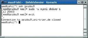 Abbildung 3a: SSH wartet auf das Ende aller Kindprozesse, bevor es die Verbindung tatsächlich beendet. Die Eingabe »~.« bricht die Verbindung vorzeitig ab.