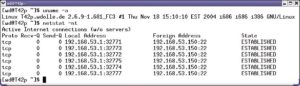 Abbildung 3a: Das Kommando »netstat -nt« listet die TCP-Verbindungen des lokalen Rechners. Die Quellport-Nummern folgen einem einfachen Schema: Der Kernel erhöht die Nummer für jede Verbindung um 1.