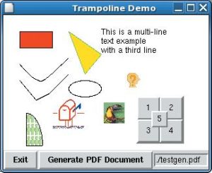 Abbildungen 3a und 3b: Dank Trampoline-Erweiterung kann ein Canvas-Widget (oben) seinen Inhalt direkt als PDF-Dokument exportieren (rechts). Ohne Trampoline beherrscht das Canvas immerhin den Export nach Postscript.
