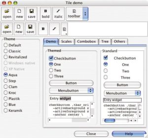 Abbildung 4: Die Tile-Demoanwendung zeigt eindrucksvoll, wie gut und modern Tk-Anwendungen heute aussehen. Das Revitalized-Theme links eignet sich für Linux, die mittlere Abbildung zeigt das Windows-XP-Theme und rechts ist die Aqua-Variante für Mac OS X zu sehen.