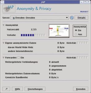 Abbildung 4: Ein Klick auf »Ein« startet den Anonymisier-Proxy JAP. Der Grad der Anonymität hängt von der Zahl der gleich-zeitigen Nutzer ab: Je mehr surfen, desto besser ist die Durchmischung der Pakete.