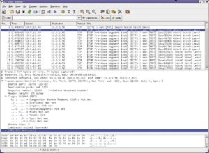 Abbildung 4: Ethereal beobachtet einen TCP-Reset-Angriff auf eine SSH-Verbindung. Der Saboteur sendet viele TCP-Segmente mit wachsender Sequenznummer (oberes Fenster, gegen Ende der Zeilen: »Seq=...«). In der Detailansicht (Mitte) ist zu erkennen, dass das Reset-Flag gesetzt ist.