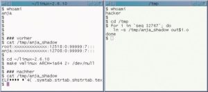 Abbildung 4: Ein Hacker (rechts) nutzt einen Bug in den Linux-Quellen für einen Symlink-Angriff. Wenn ein Benutzer den Kernel übersetzt, überschreibt er unbebabsichtigt die verlinkte Datei. Glücklicherweise funktioniert dieser Angriff mit »gcc« nicht, wenn Root das File übersetzt.