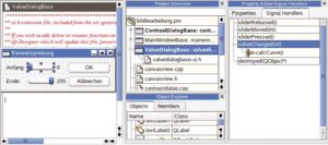 Abbildung 4: Der Dialog zum Einstellen der Tonwertspreizung im Qt-Designer. Im rechten Fenster zeigt er die Signalhandler der GUI-Elemente, darunter die Methode »valueChanged()«.