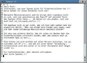 Abbildung 4: Einer von vielen Versuchen, die Admins anzusprechen. Hier liegen 23 Dateien ohne Inhalt, aber mit recht aussagekräftigen Dateinamen.