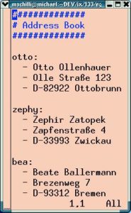 Abbildung 4: Das Adressbuch für Mailit im YAML-Format. Die YAML-Konfigurationsdatei hat ein sehr einfaches Format und ist übersichtlicher als ein entsprechendes XML-Dokument.