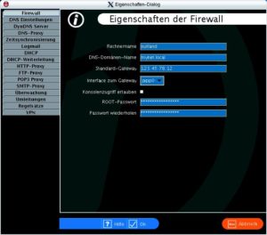 Abbildung 4: Das Firewallobjekt bietet vielfältige Konfigurationsoptionen. Neben den allgemeinen Parametern wie Rechnername und Standardgateway sind hier DNS und die Proxy-Dienste zu finden.