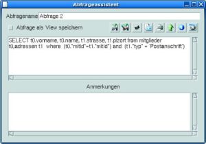 Abbildung 4: Der Abfrageassistent nimmt ein SQL-Kommando entgegen und zeigt das Ergebnis in einem neuen Fenster. PG-Access kann den Suchstring direkt in der Datenbank ablegen, sodass mehrere Benutzer davon profitieren.