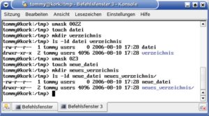 Abbildung 4: Der Befehl »umask« ändert die im System voreingestellten User- und Gruppenrechte beim Anlegen einer Datei oder eines Verzeichnisses.