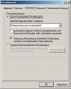 Abbildung 4: In den PPTP-Sicherheitseigenschaften von Windows 2000 kann der Benutzer festlegen, dass der Client nur mit Verschlüsselung arbeiten darf.