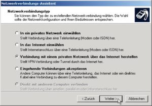 Abbildung 4: Der Netzwerkverbindungs-Assistent von Windows 2000 bietet eine VPN-Verbindung zur Auswahl, aus Sicht des Benutzers funktioniert sie wie eine Internet-Einwahl. Es handelt sich um die Kombination aus L2TP und IPsec.