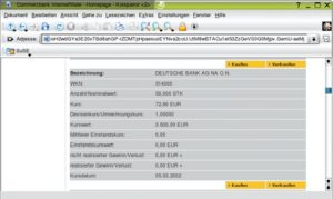 Abbildung 4: Mit diesem Testkonto ließen sich gute Geschäfte machen. Im Portfolio bekommt man von der Commerzbank 50 Aktien der Deutschen Bank (!) geschenkt (Kaufpreis 0 Euro) und kann sie zu 72,60 Euro verkaufen - fast 20 Euro über dem aktuellen Kurswert.